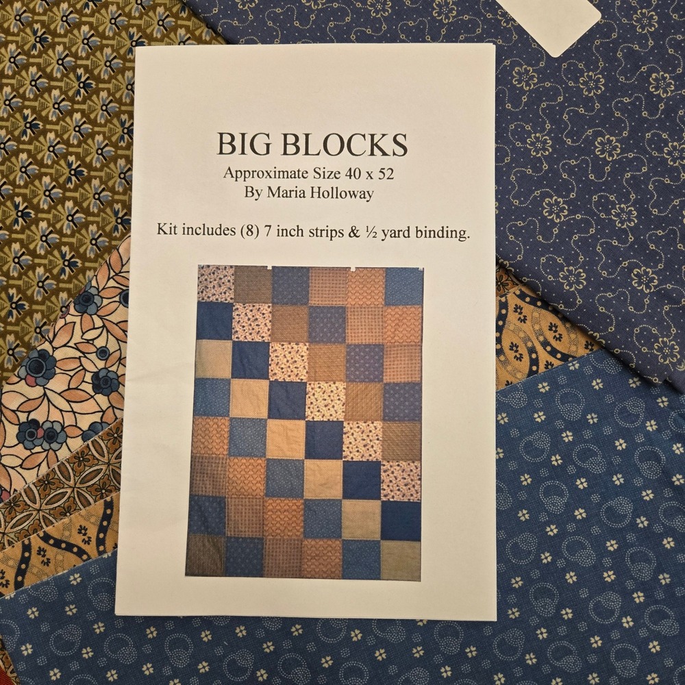 Maria Holloway Big Blocks Quilt Kit Blue Tan Cotton Fabric Strips 40x52 Pattern